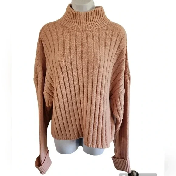 Express Women Medium Sweater Blush Pink Ribbed Knit Mock Neck Elevated Essential - Picture 2 of 6